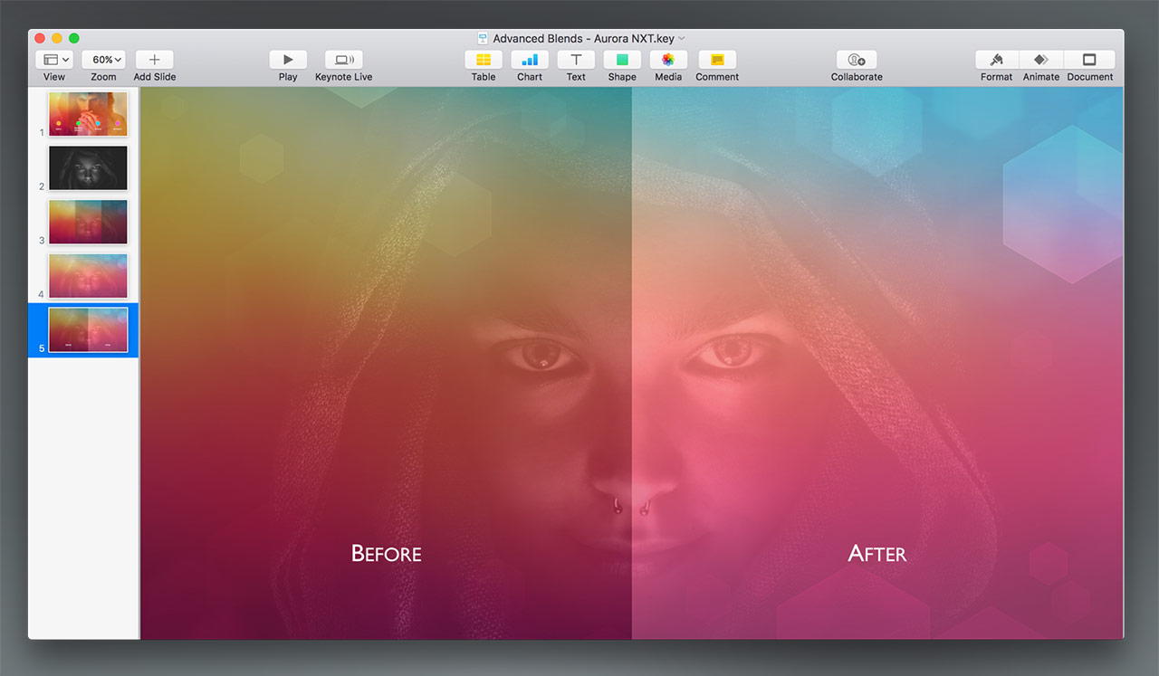 Before + After, showing the default Transparency Blend vs our Adjusted Blend.