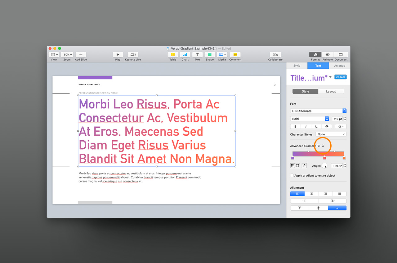 The Keynote 9.1 and Pages 8.1 Updates add Gradient/Image Fills to text objects.