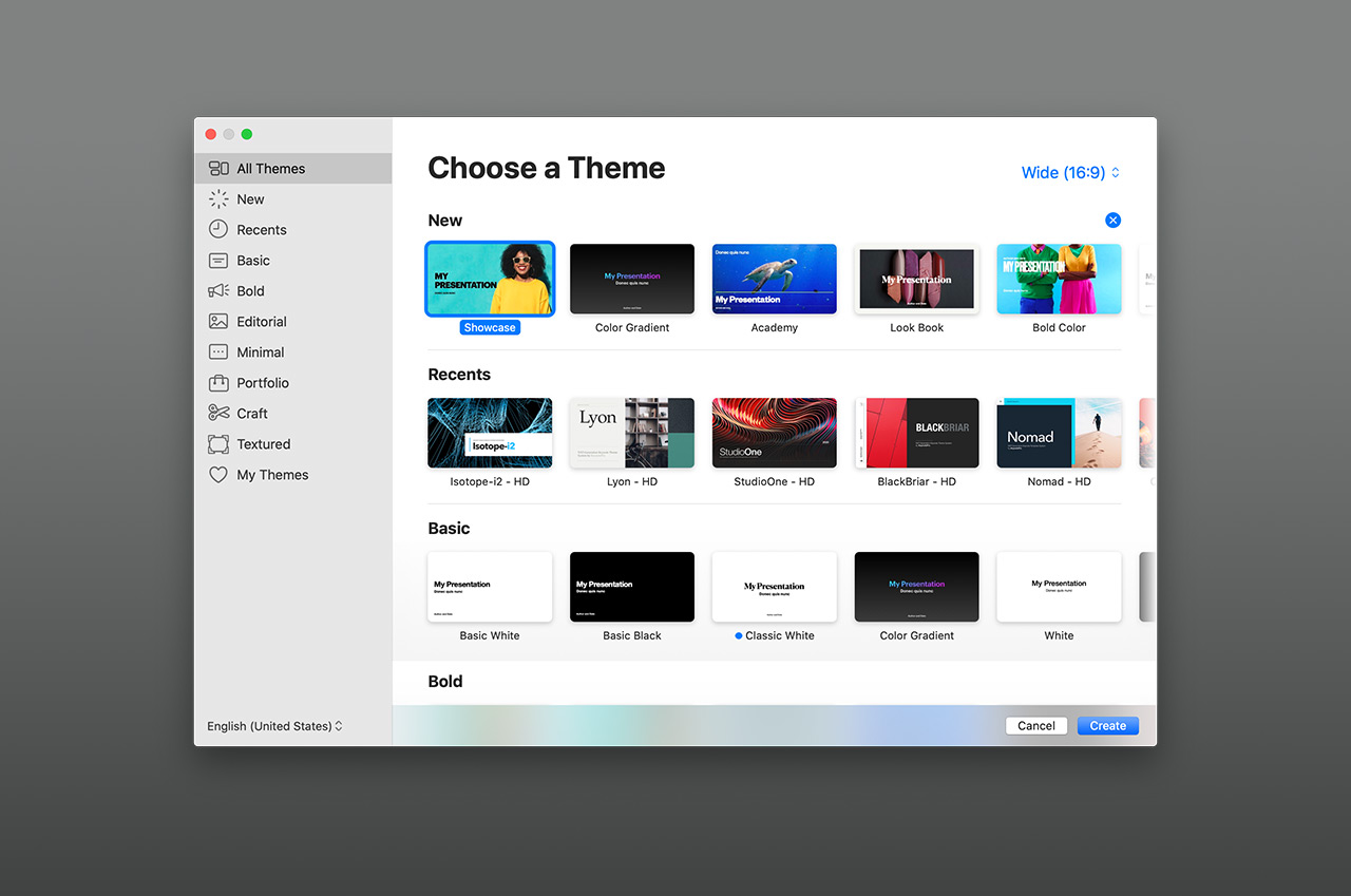 iWork 10 includes a new Theme / Template Chooser experience - Keynote shown - that breaks the built-in templates down into categories.