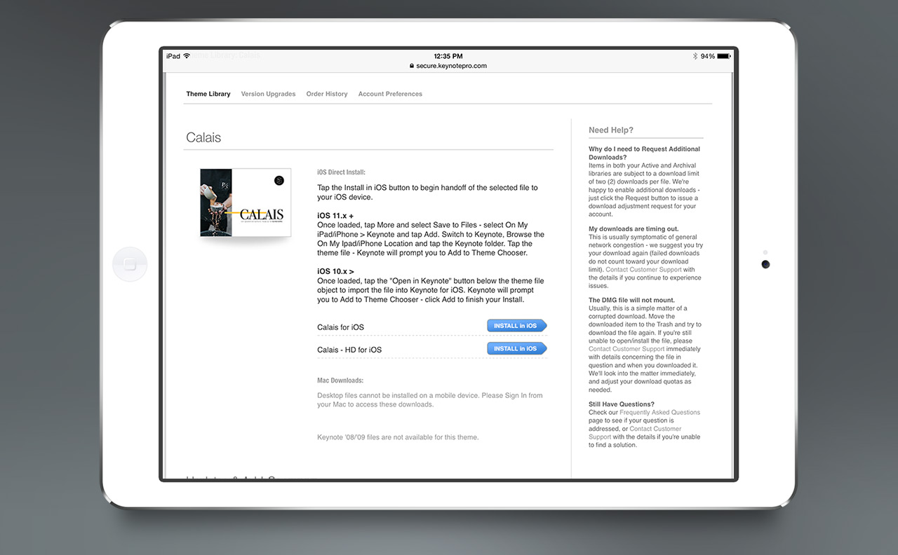 iOS Direct Theme Install on the KeynotePro Website