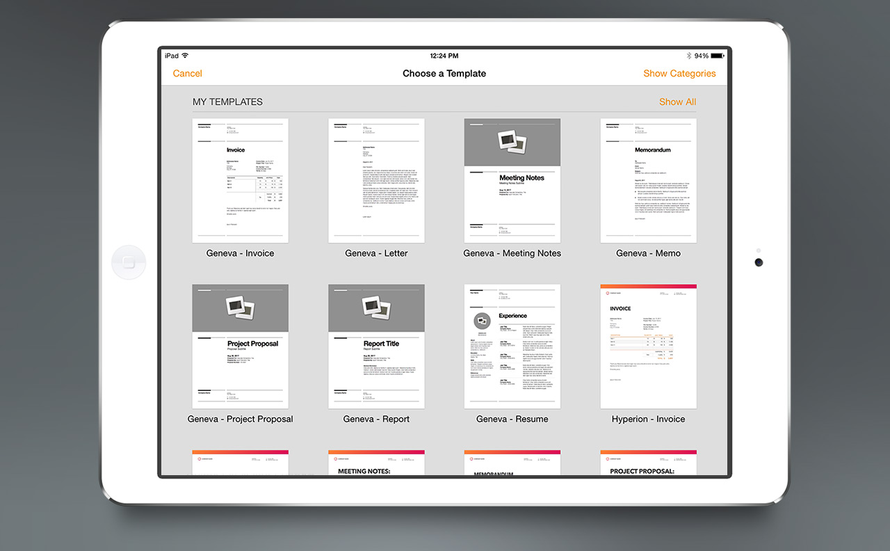 Pages Templates in the Pages for iOS Template Chooser